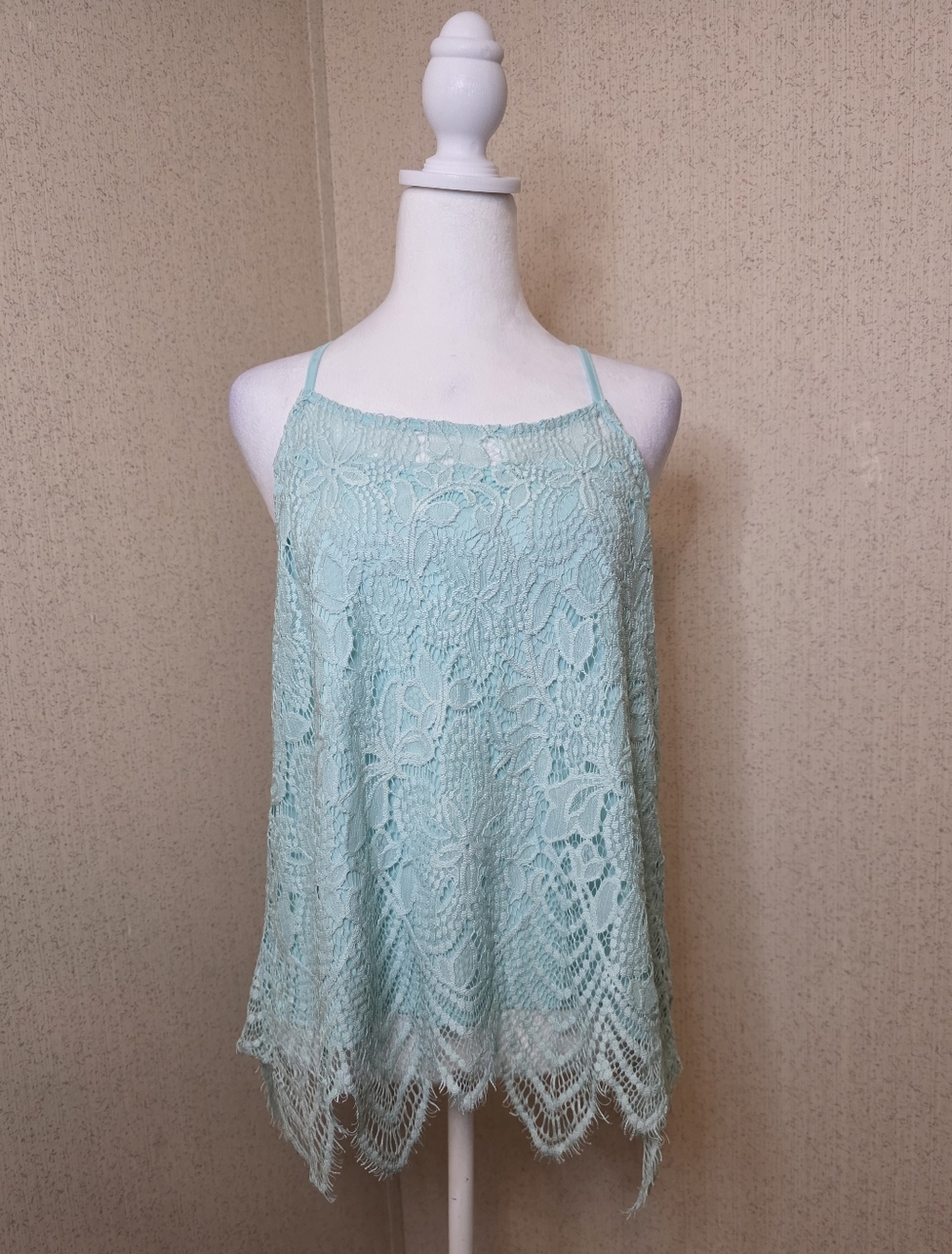 Mint Green Lace Overlay Tank Racer Back Shirt Top Blouse  EZ: Large